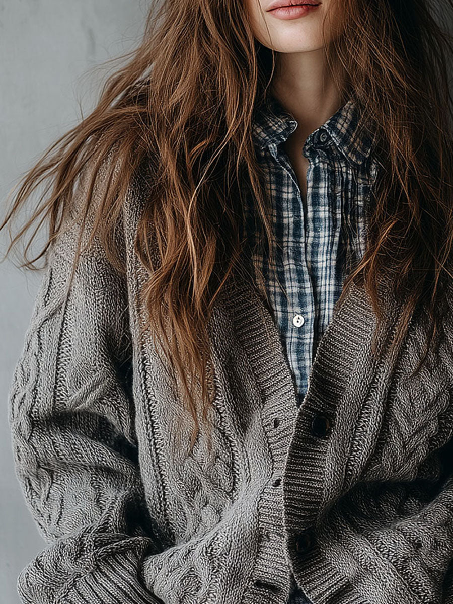 Chunky Grey Button-Front Cable Knit Cardigan