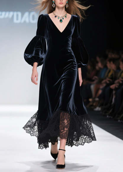 Art V Neck Lace Patchwork Velvet Maxi Dresses Lantern Sleeve
