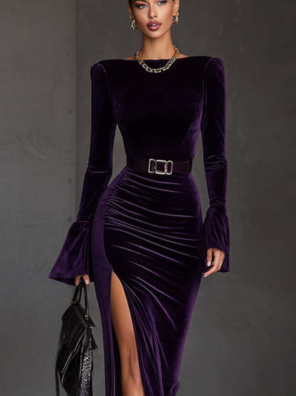 Elegant Purple Velvet Maxi Dress With High Slit