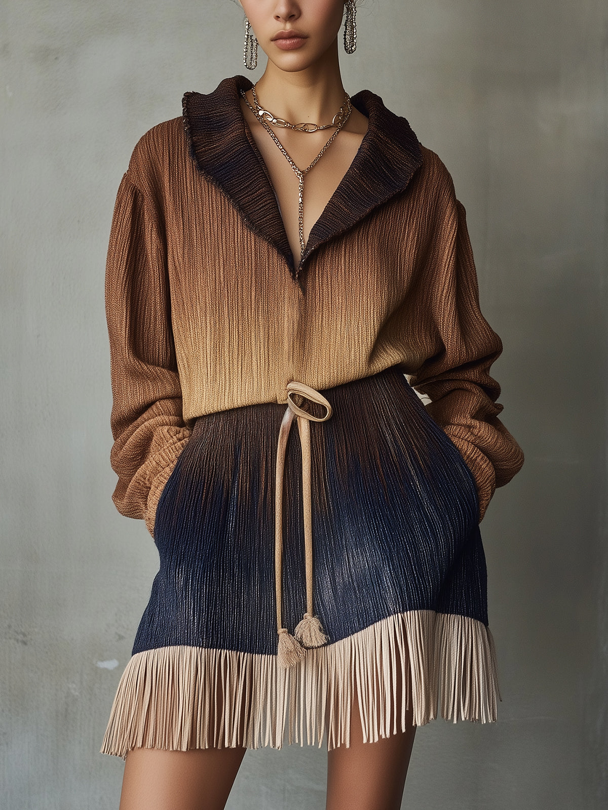 Ombre Midi Dress With Fringe And Tie Waist