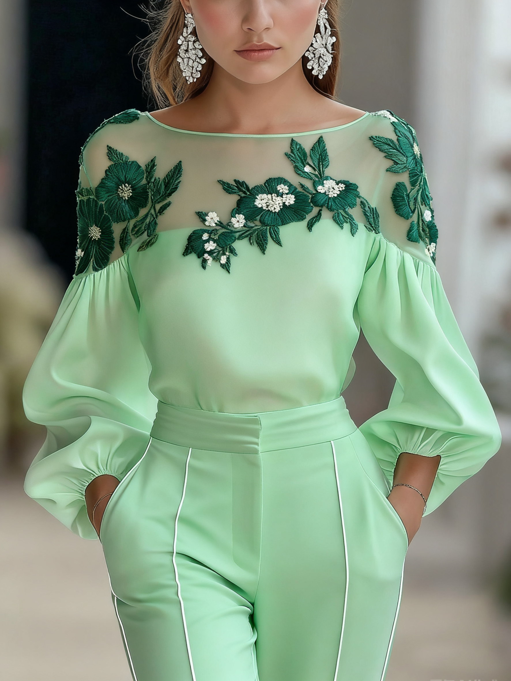 Women's Fashion Shirt with Mesh Embroidered long sleeve Top