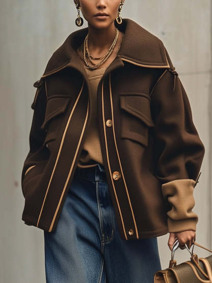 Chocolate Utility Jacket With Khaki Trim