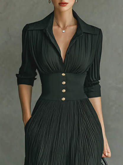 Elegant Pleated Lapel Waisted Long-sleeved Maxi Dress
