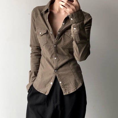 Retro Washed Contrast Stitching Blouse