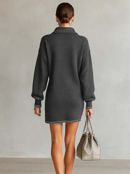Fashion Loose Knit White Trim Zipper Polo Neck Mini Dress
