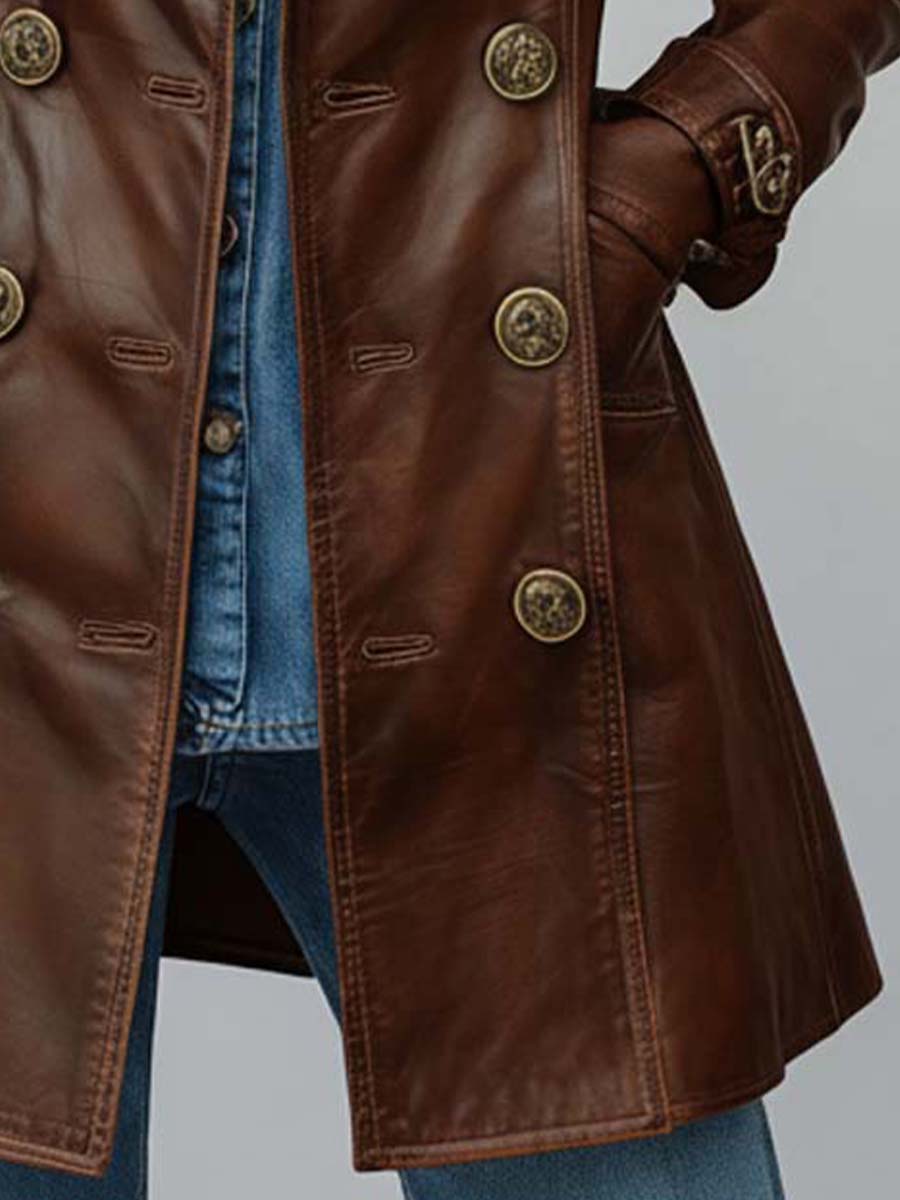Vintage Brown Leather Double-Breasted Trench Coat