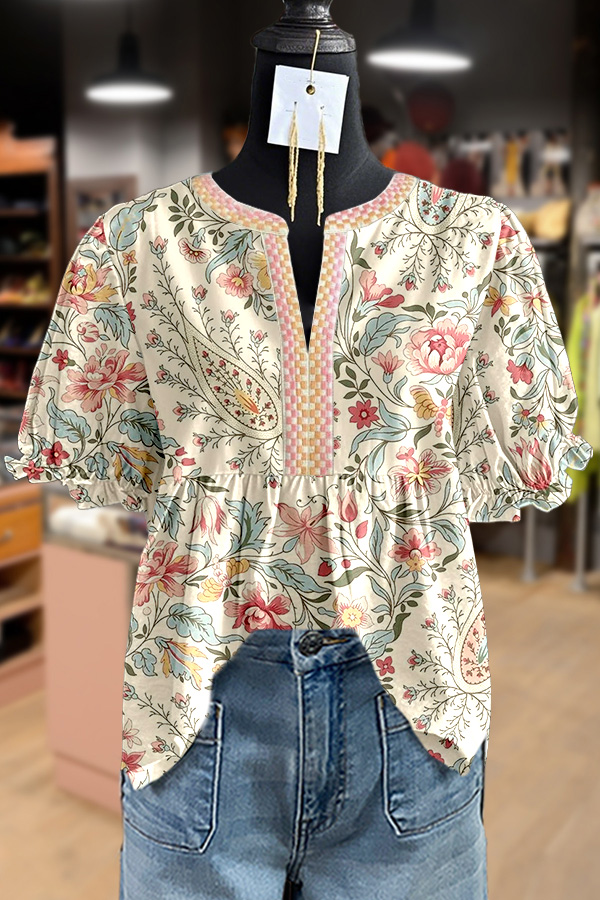 Vintage Floral Print Puff Sleeve Top