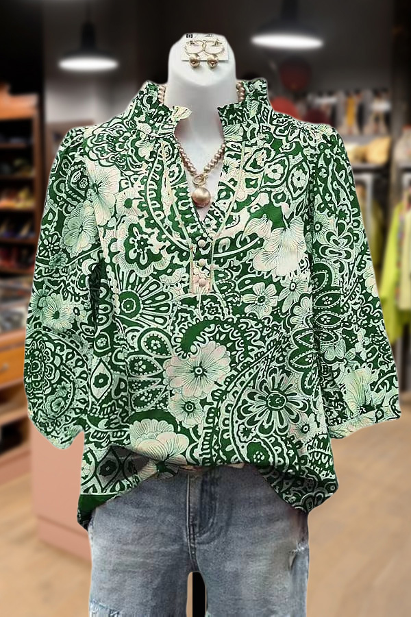 Vintage Floral Print V-Neck Puff Sleeve Top