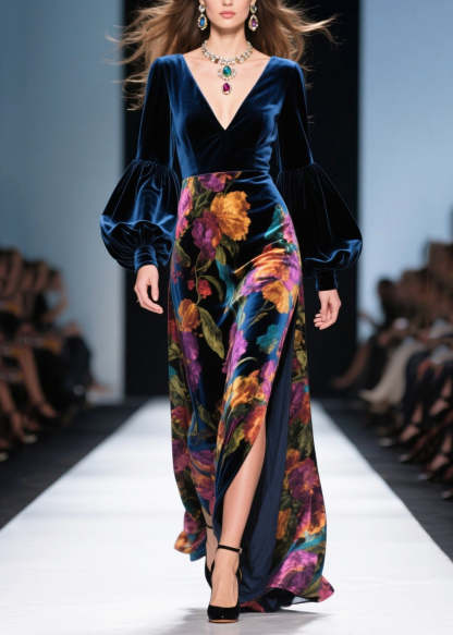 French Navy Print Side Open Silk Velvet Long Dress Spring