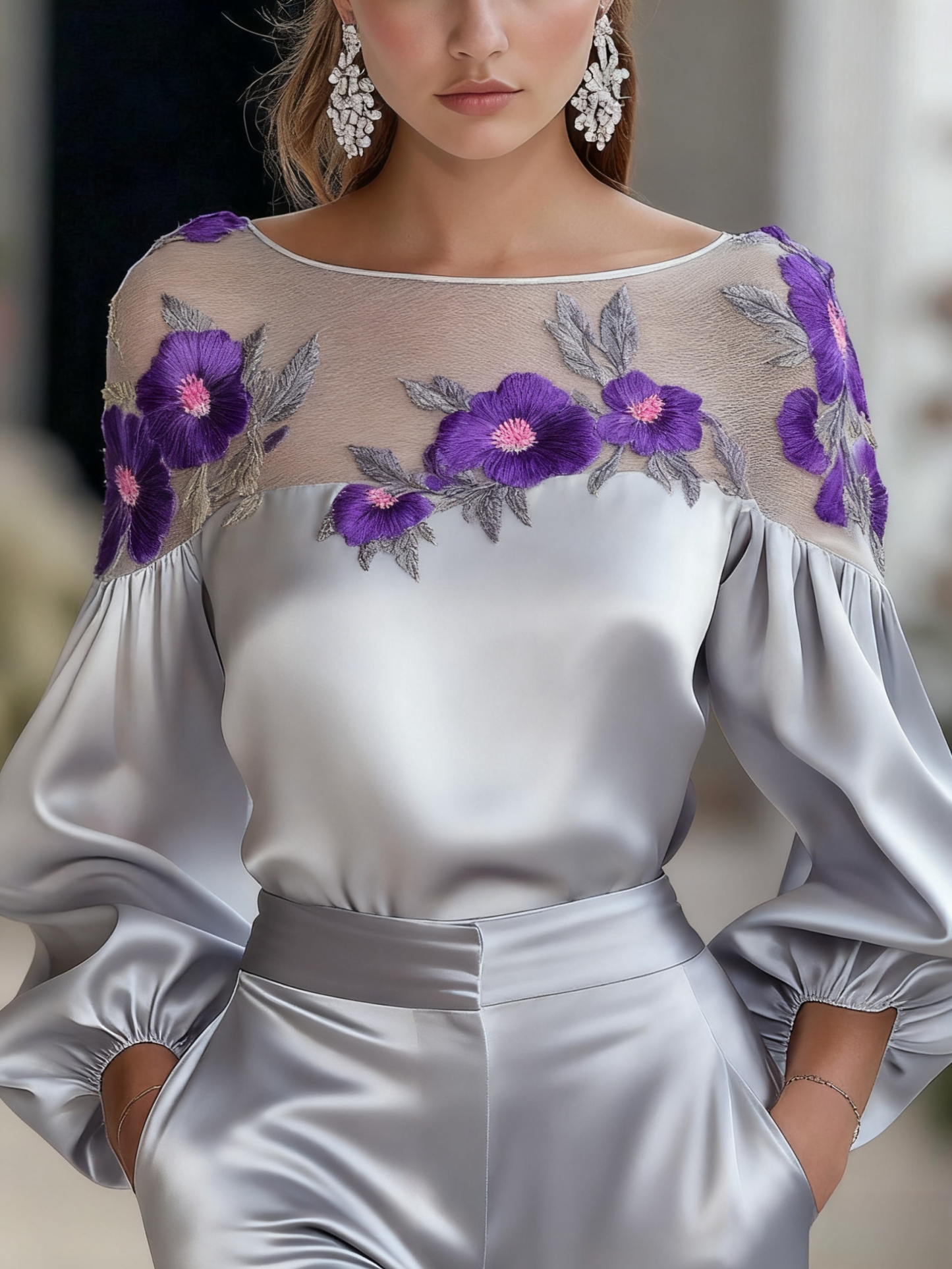 Women's Fashion Shirt with Mesh Embroidered long sleeve Top