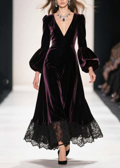 Dull Purple Patchwork Silk Velvet Maxi Dresses Deep-V Neck Lantern Sleeve