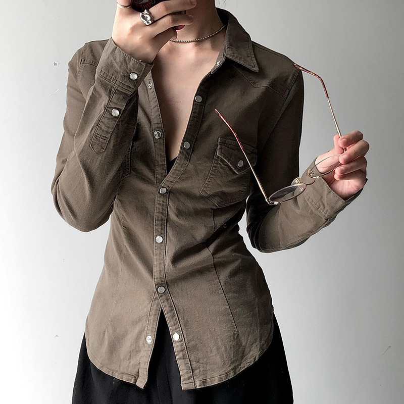 Retro Washed Contrast Stitching Blouse