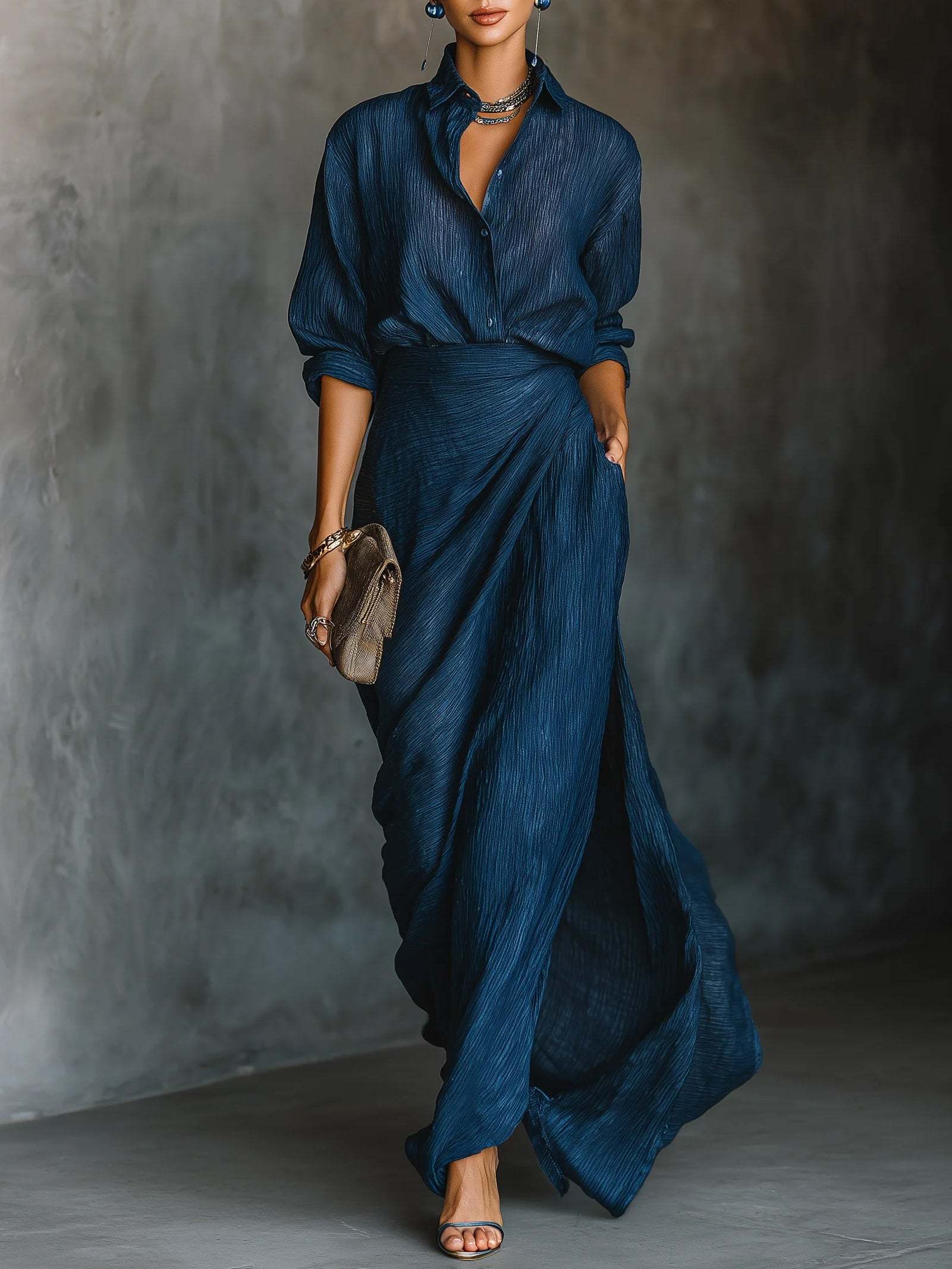 Elegant Dark Blue Cotton And Linen Blend Shirt Long Skirt Set