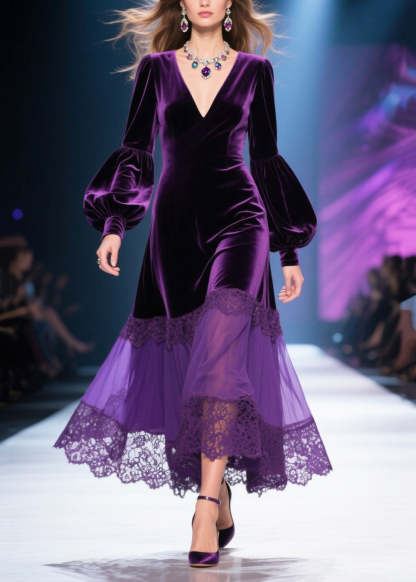 Chic Dull Purple V Neck Patchwork Silk Velvet Maxi Dresses Lantern Sleeve