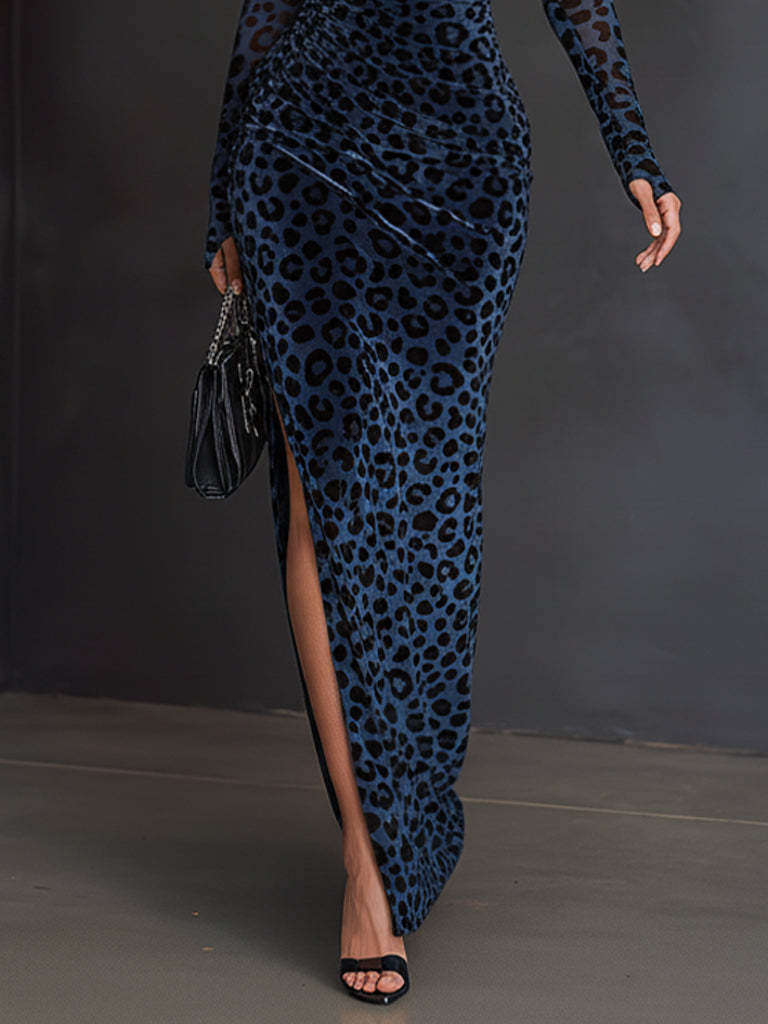 Blue Velvet Leopard Print Mesh Sleeve Cutout Bodycon Dress