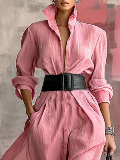 Pink Lapel Long-sleeved Single-breasted Tie-down Maxi Shirt Dress