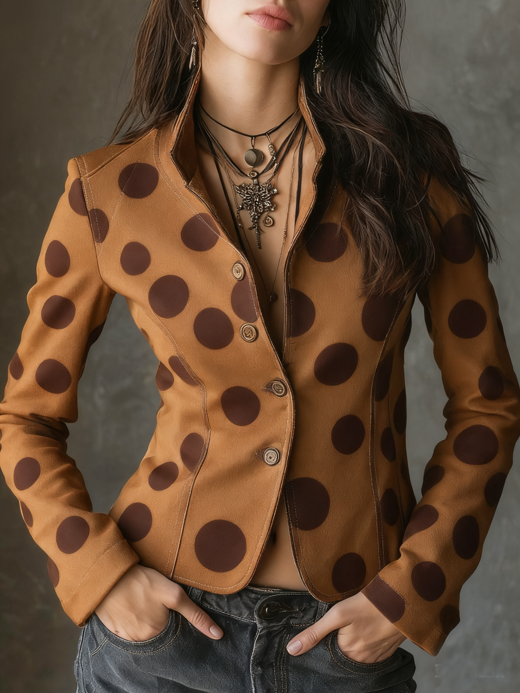 Vintage stand-up collar print fitted jacket