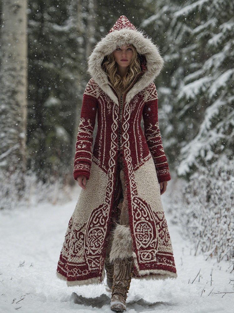 Women's Vintage Viking Celtic Knot Pattern Knit Hooded Long Sweater Coat