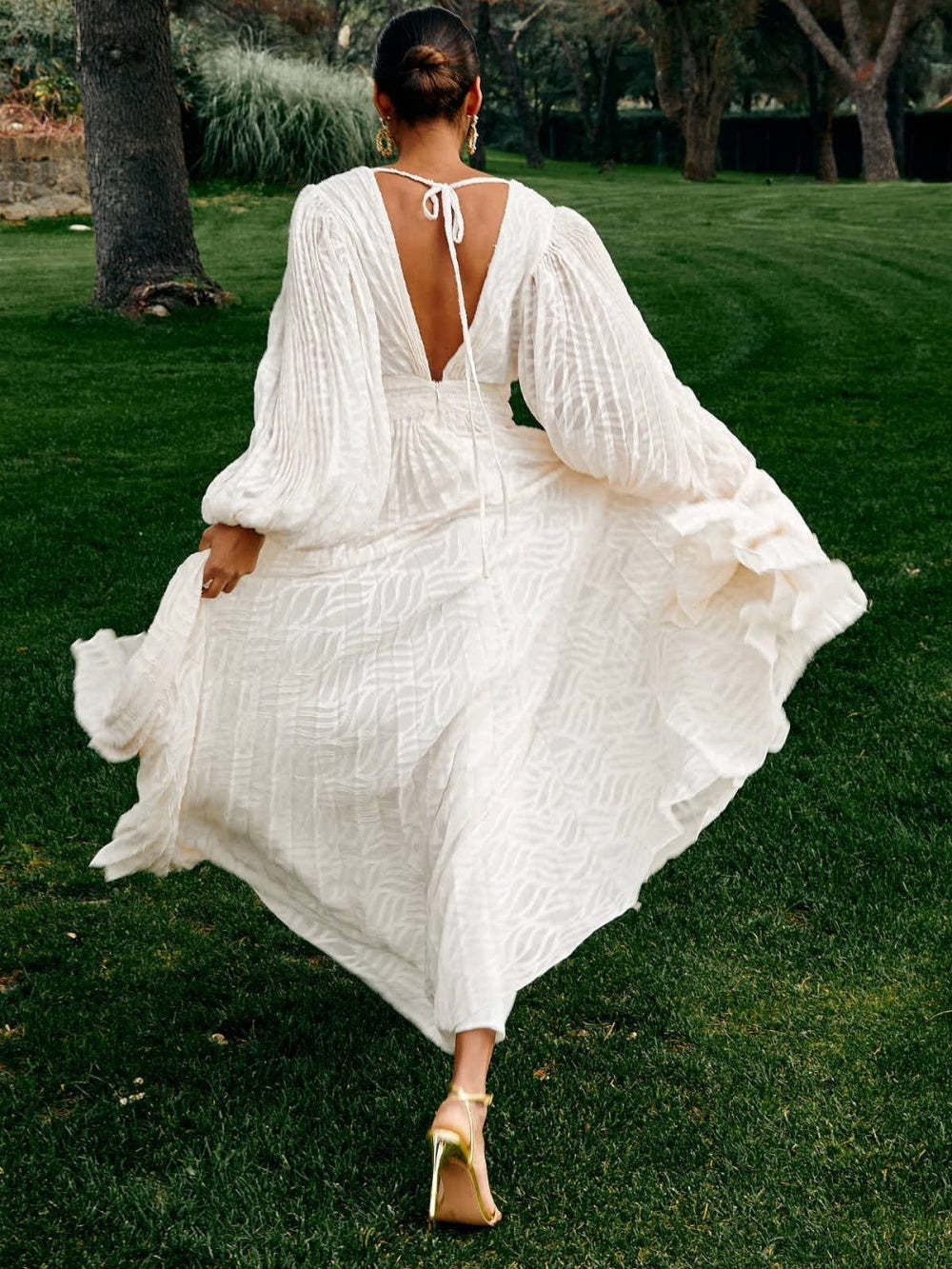 Lantern Long Sleeve V Neck Maxi Dress