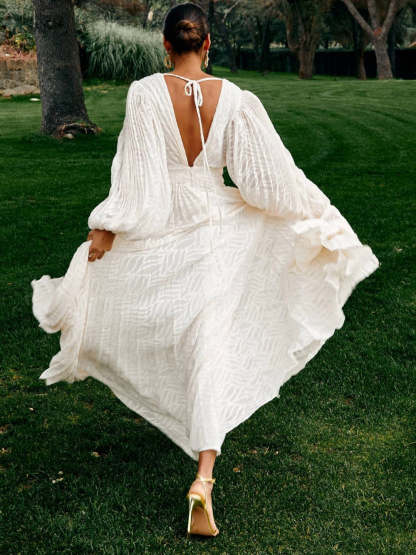 Lantern Long Sleeve V Neck Maxi Dress