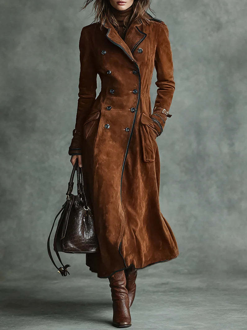 Double-breasted lapel long coat with suede and black trim