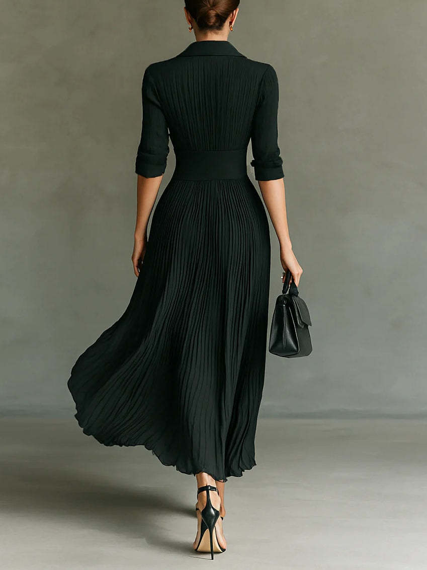 Elegant Pleated Lapel Waisted Long-sleeved Maxi Dress