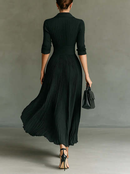 Elegant Pleated Lapel Waisted Long-sleeved Maxi Dress