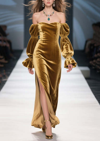 Unique Yellow Cold Shoulder Side Open Patchwork Velvet Dress Fall