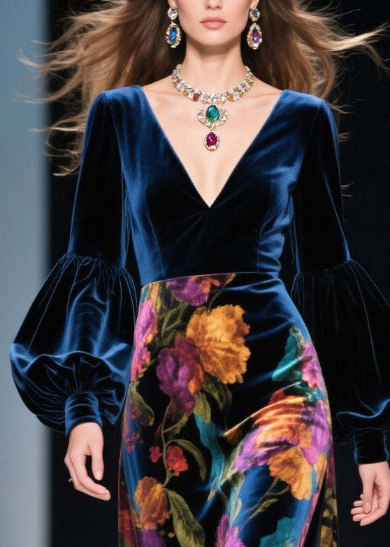 French Navy Print Side Open Silk Velvet Long Dress Spring