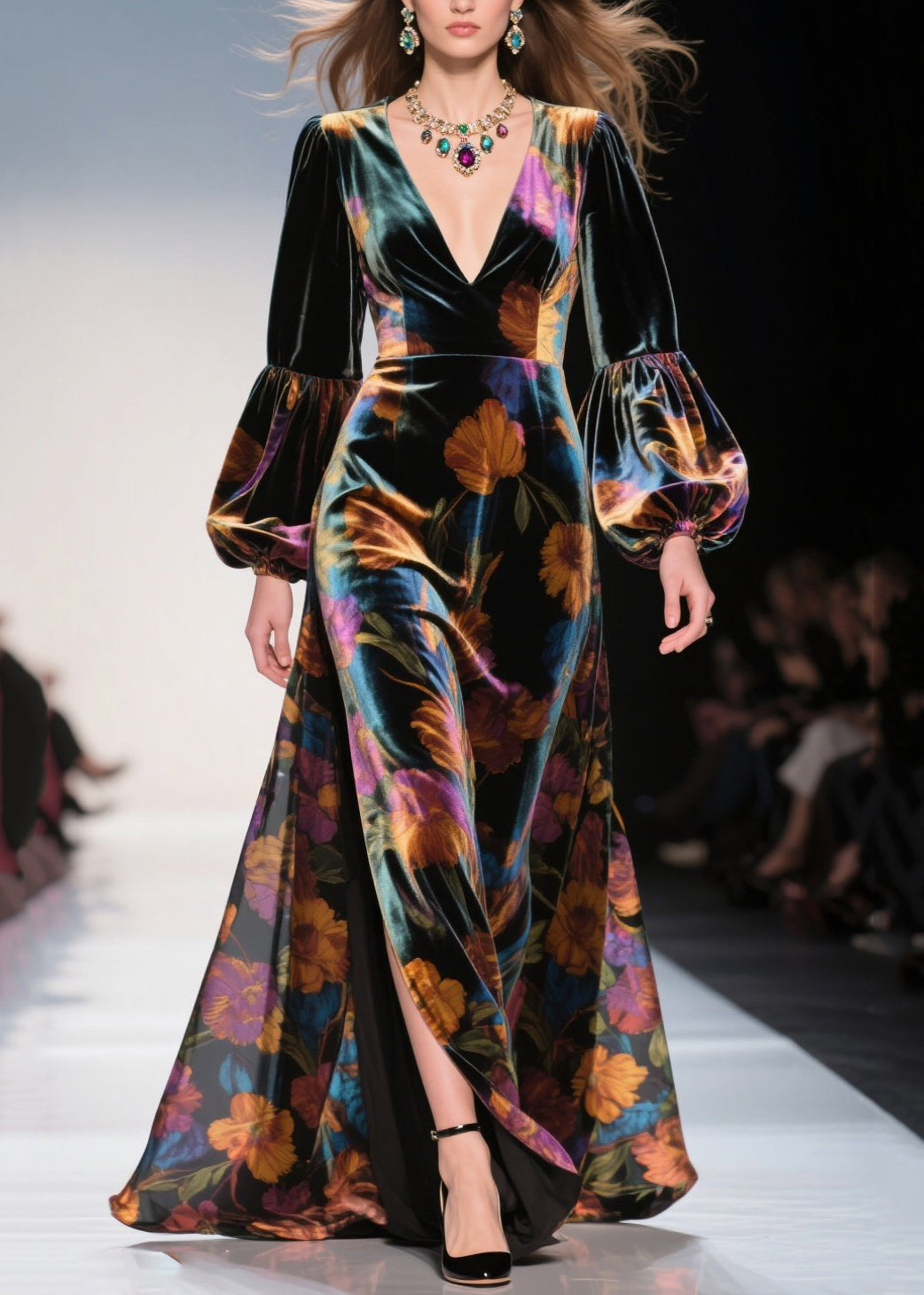 Elegant V Neck Print Side Open Velvet Robe Dresses Fall