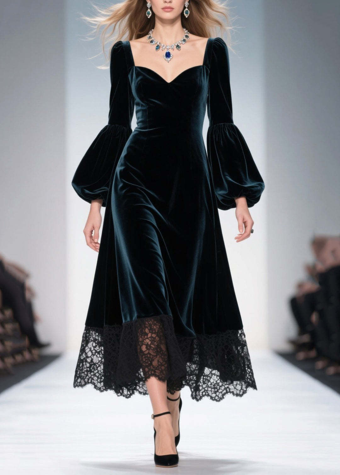 Peacock Blue Patchwork Lace Silk Velvet Evening Dresses Lantern Sleeve