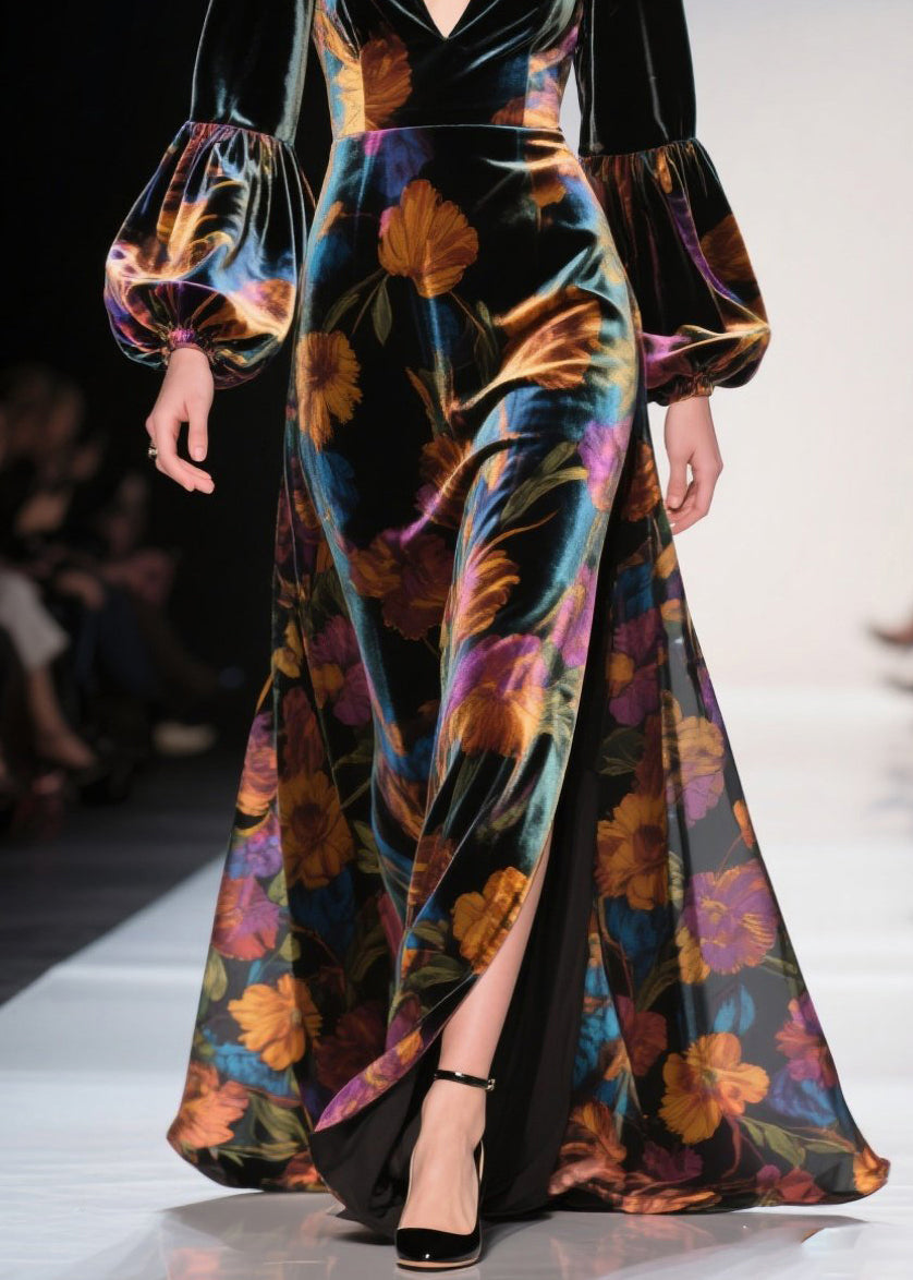 Elegant V Neck Print Side Open Velvet Robe Dresses Fall