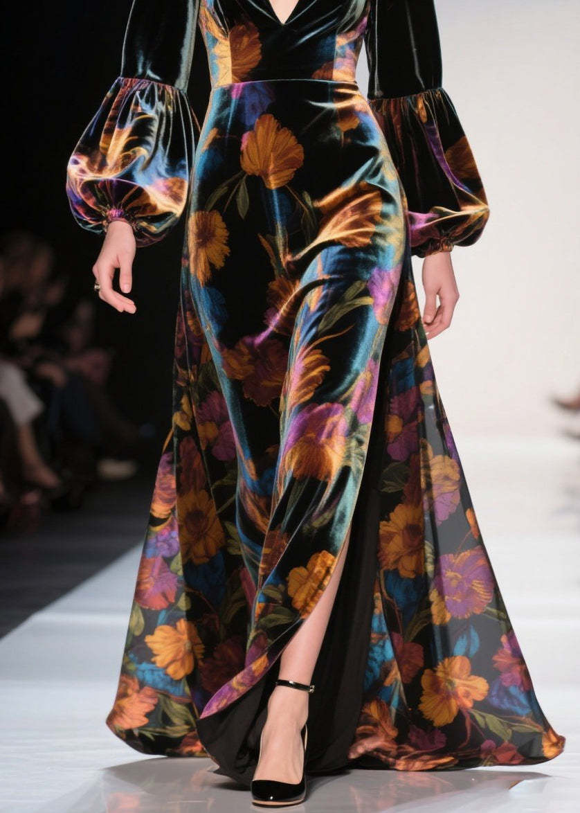 Elegant V Neck Print Side Open Velvet Robe Dresses Fall