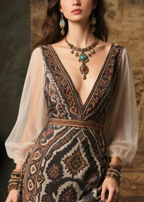 Italian Black V Neck Patchwork Chiffon Long Dress Summer