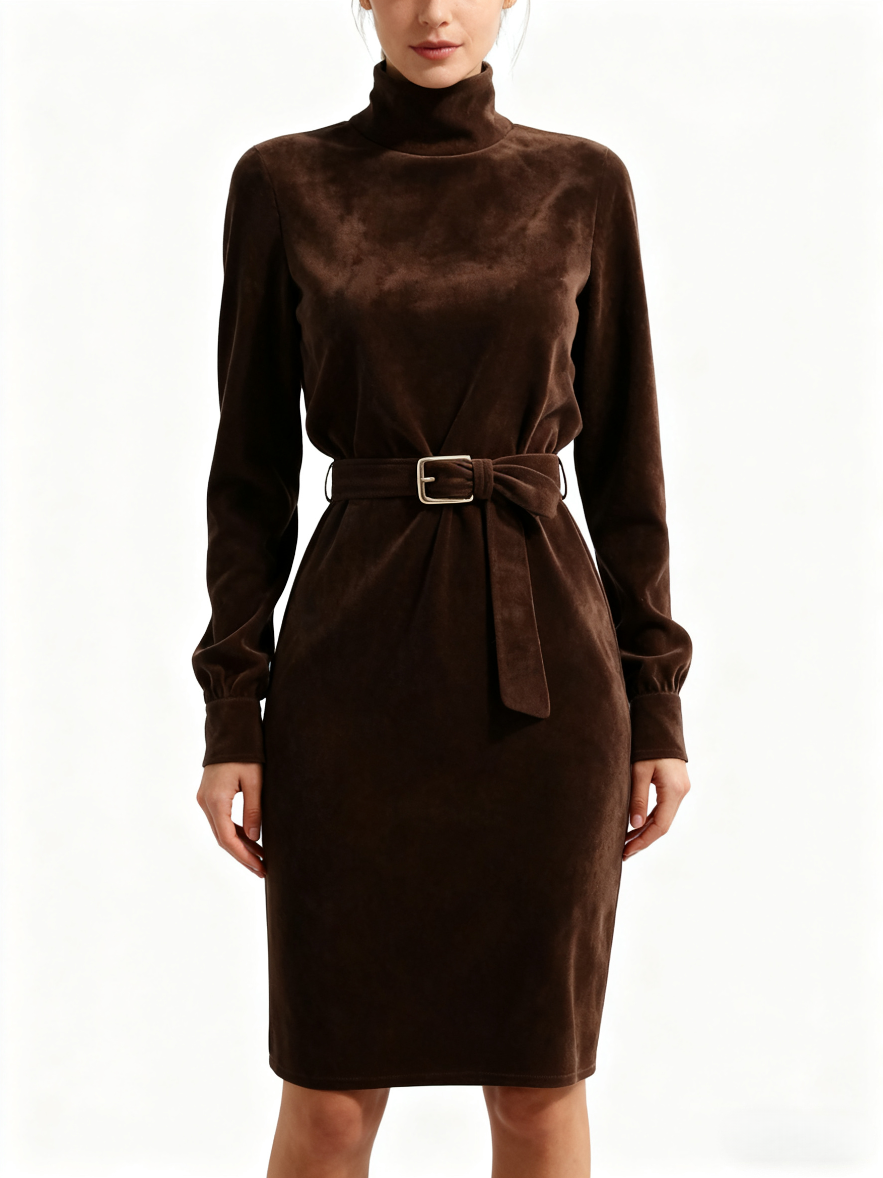 Outdoor Retro Western Style Women's Suede Long Sleeve Mid-Neck Dress