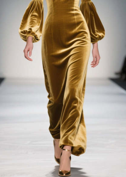 Handmade Yellow V Neck Floral Velvet Long Dresses Fall