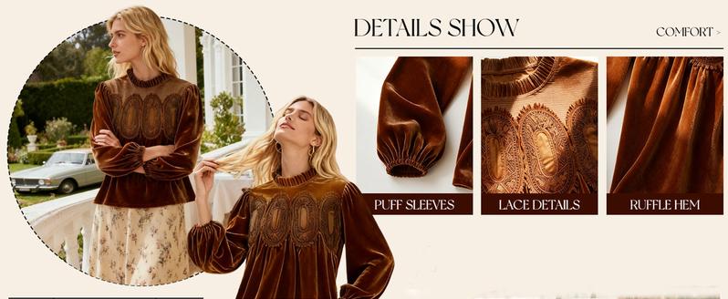 Yeokou TikTokShopBlackFriday Women's Long Sleeve Velvet Trim Lace Blouse Elegant Flared Swing Top Round Neck Blouse Casual Wear