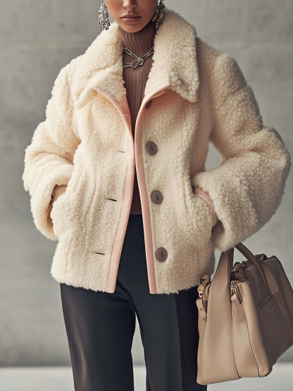 Cream Shearling Jacket With Pink Trim And Pocket