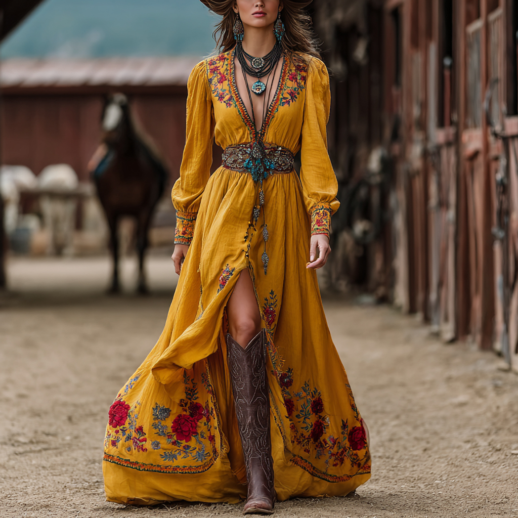 Western Cowgirl Linen Bohemian Vintage Dress