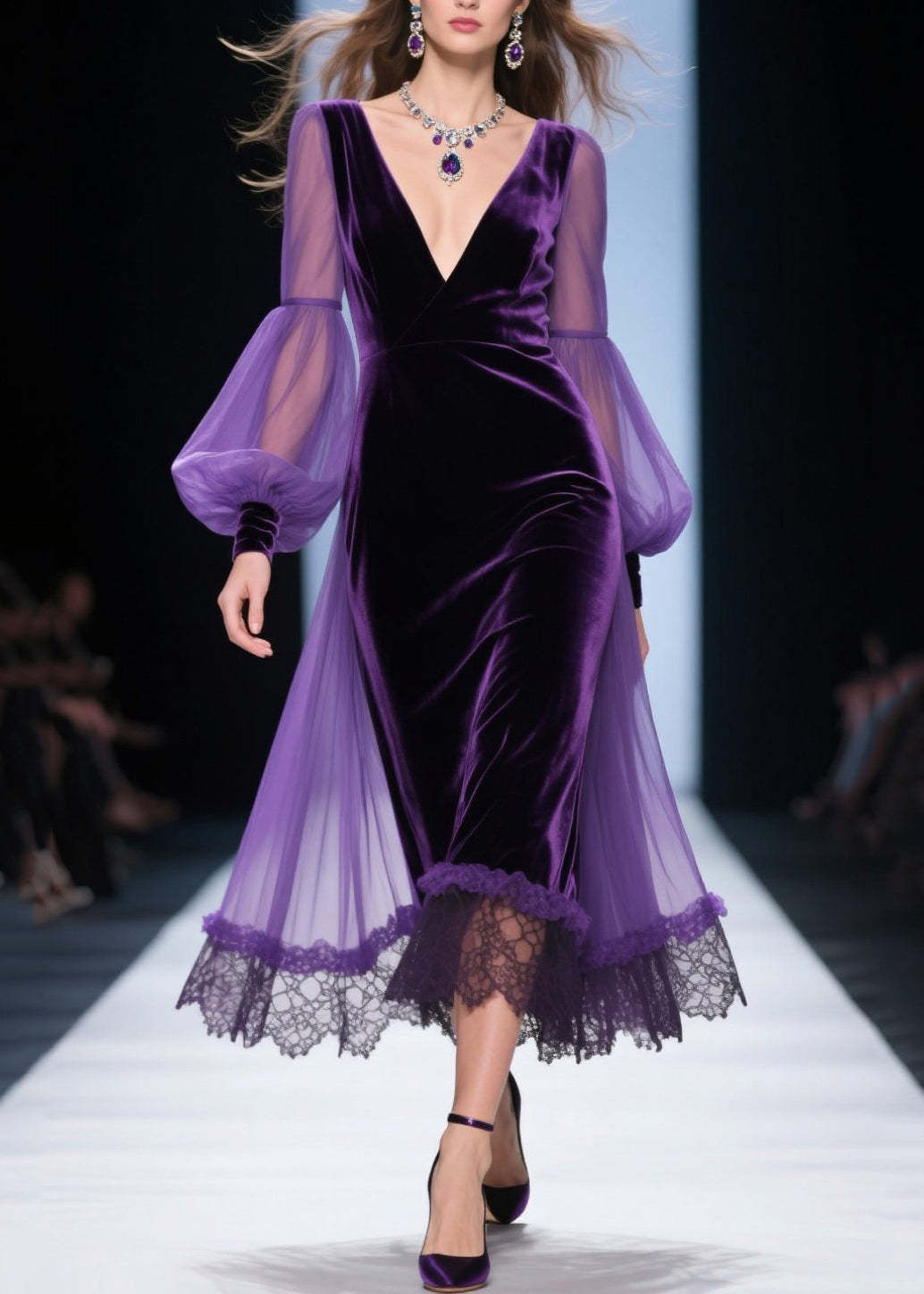 Loose Purple V Neck Lace Patchwork Velvet Dress Fall