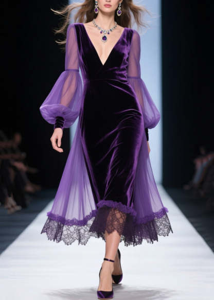 Loose Purple V Neck Lace Patchwork Velvet Dress Fall
