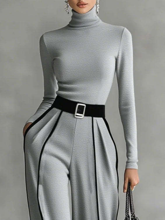 Gray Trim High-neck Long-sleeved Top With Wide-leg Pants and Belt Set