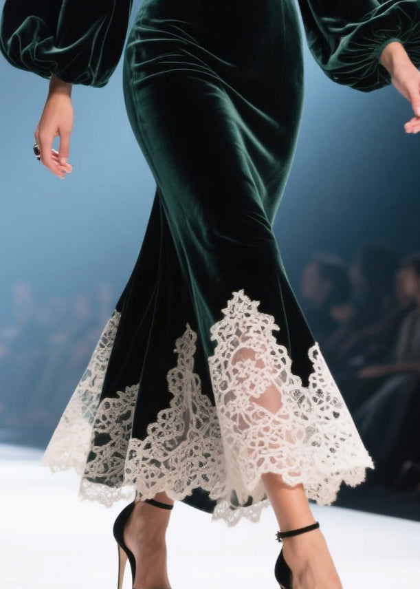 Handmade Tea Green V Neck Patchwork Lace Silk Velvet Wraped Dresses Spring