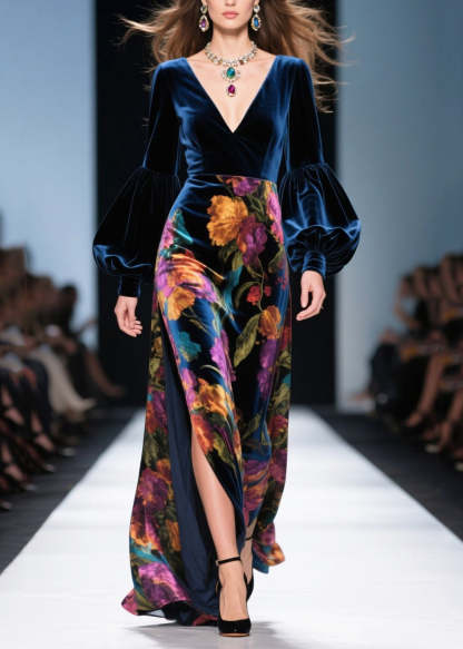 French Navy Print Side Open Silk Velvet Long Dress Spring