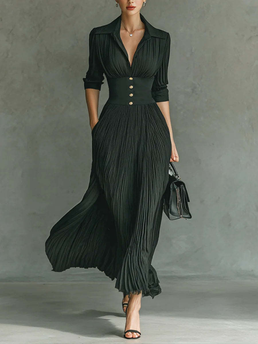 Elegant Pleated Lapel Waisted Long-sleeved Maxi Dress
