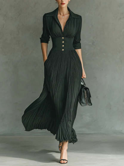 Elegant Pleated Lapel Waisted Long-sleeved Maxi Dress