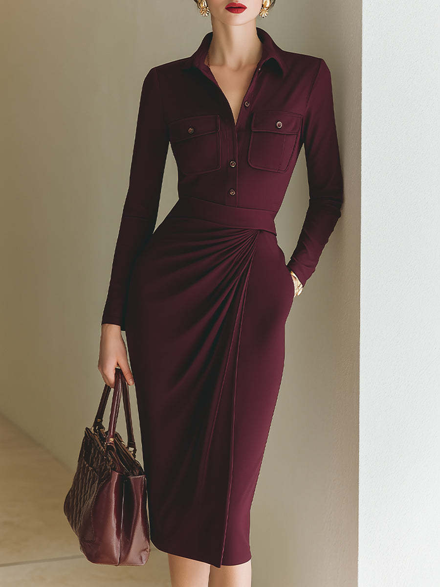 Burgundy Draped Shirt Dress