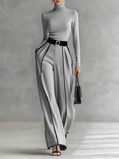 Gray Trim High-neck Long-sleeved Top With Wide-leg Pants and Belt Set
