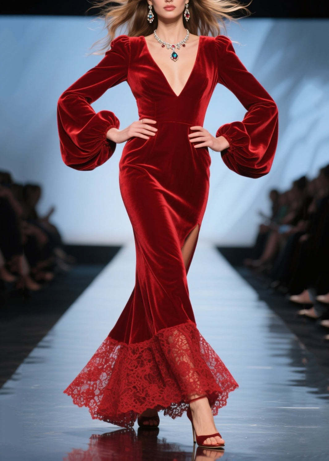 Stylish Red Deep-V Neck Patchwork Silk Velvet Dinner Dresses Spring