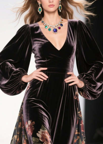 Plus Size Chocolate Exra Large Hem Patchwork Print Silk Velvet Dress Spring